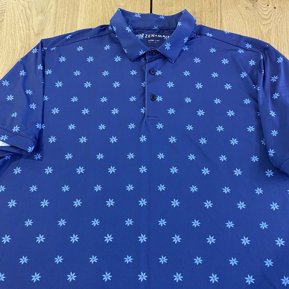 Mizzen & Main Floral AOP Polo Shirt Men's Large Blue Performance Golf‎ Outdoor